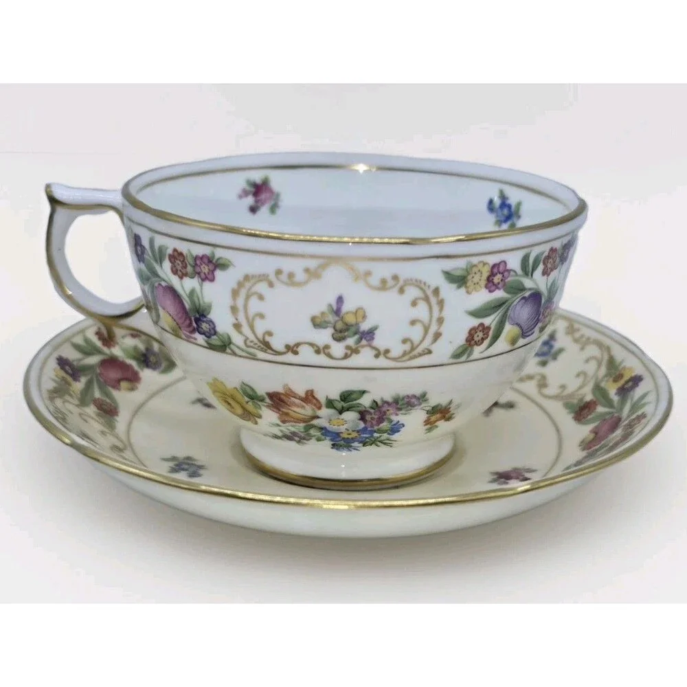 Hammersley Dresden Sprays Bone China Teacup Saucer Set Floral Gold Rim England
